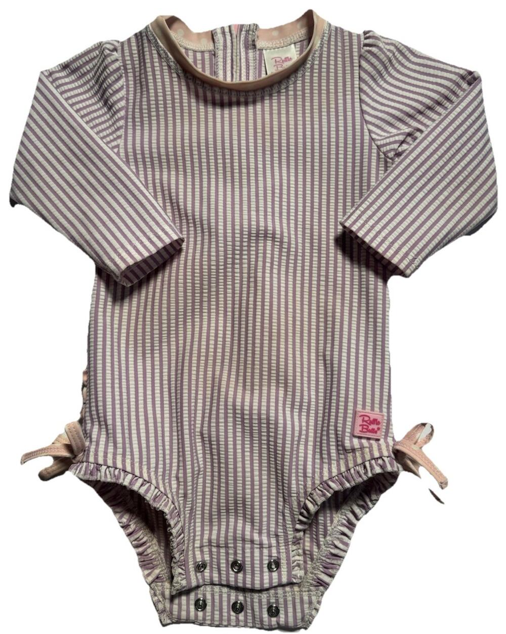 RuffleButts Girls One Piece Rash Guard Swimsuit Pink Stripe 18-24M UV